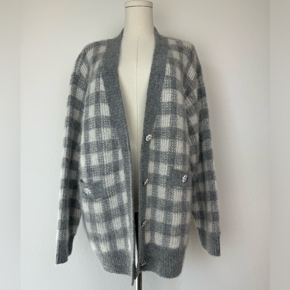 Sandro Checkered Jacquard Cardigan Light Grey Sz 3 - Picture 1 of 8